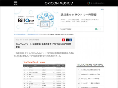 【YouTubeチャート】米津玄師、話題の新作「POP SONG」が2位初登場 - ORICON NEWS