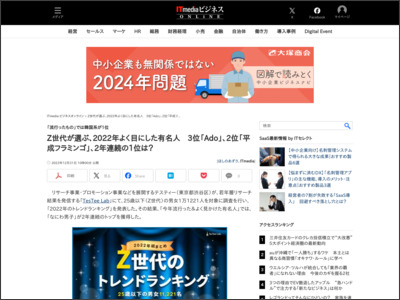 Z世代が選ぶ、2022年よく目にした有名人 3位「Ado」、2位「平成 ... - ITmedia ビジネスオンライン
