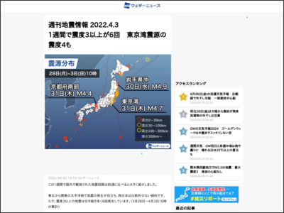 週刊地震情報 2022.4.3 1週間で震度3以上が6回 東京湾震源の震度4も - ウェザーニュース