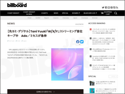 【先ヨミ・デジタル】Tani Yuuki「W/X/Y」ストリーミング首位キープ中 Ado／ミセスが急伸 | Daily News - Billboard JAPAN
