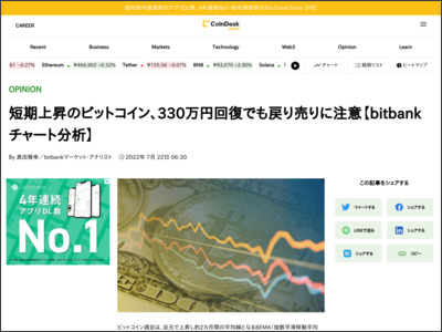 短期上昇のビットコイン、330万円回復でも戻り売りに注意【bitbankチャート分析】 - コインデスク・ジャパン