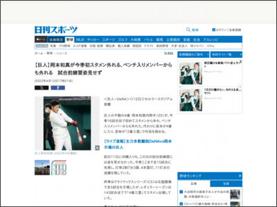 【巨人】岡本和真が今季初スタメン外れる、ベンチ入りメンバーからも外れる 試合前練習姿見せず - プロ野球 - ニッカンスポーツ
