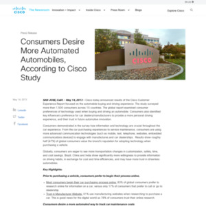 Consumers Desire More Automated Automobiles, According to Cisco Study