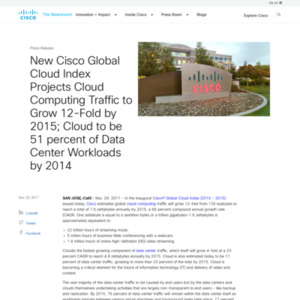 New Cisco Global Cloud Index Projects Cloud Computing Traffic to Grow 12-Fold by 2015; Cloud to be 51 percent of Data Center Workloads by 2014