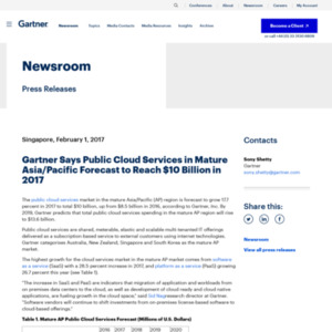 Public Cloud Services in Mature Asia/Pacific Forecast to Reach $10 Billion in 2017